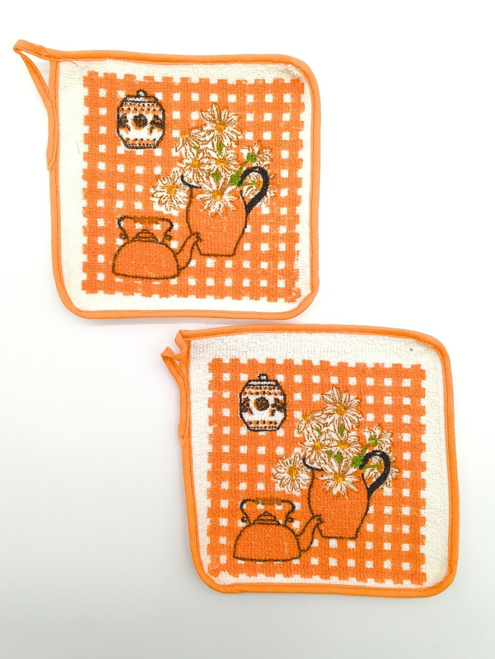 Vintage Kathaway Orange Gingham Daisy Potholders - Made In Canada 1970s